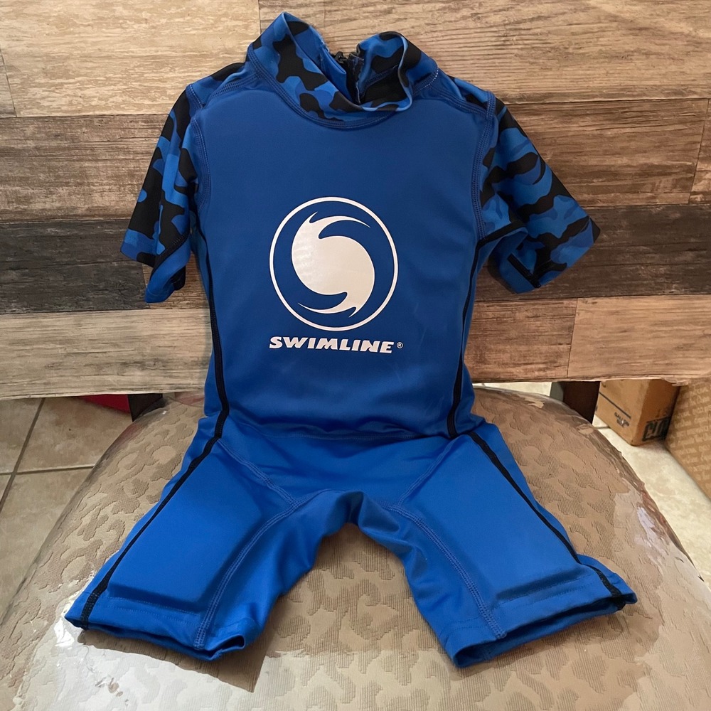 Swimline Boys Blue Camo Short Sleeve Padded Swim Trainer Suit Size Medium VC1233